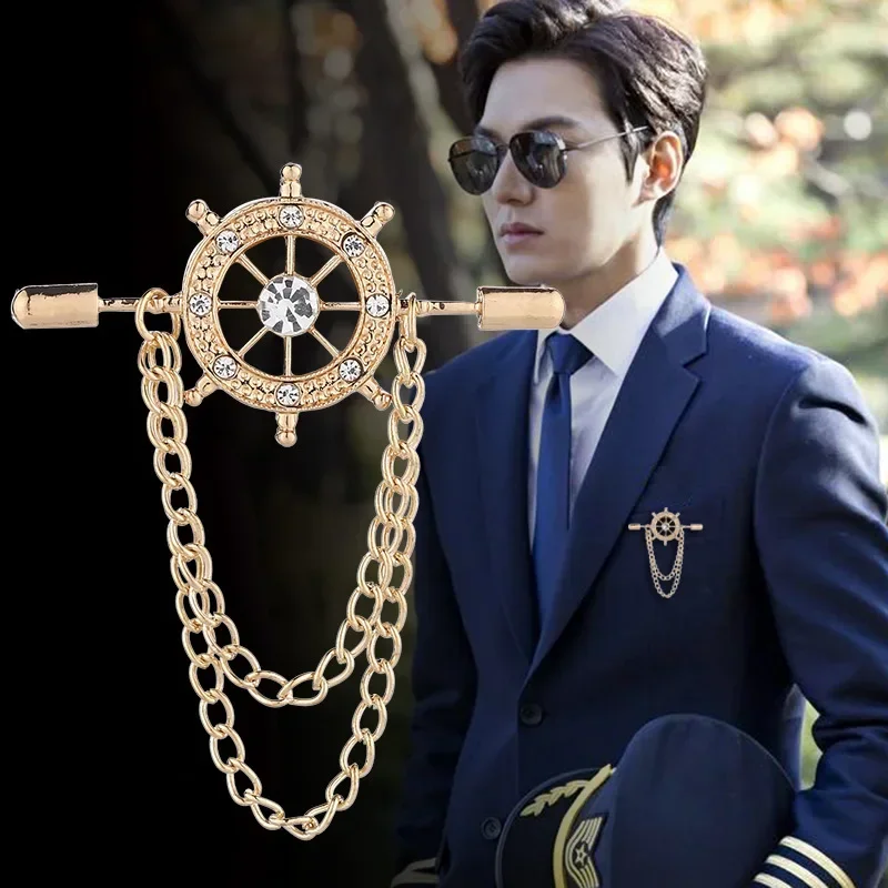 Koreanische Retro Kristall Broschen Navy Ruder Brosche Pin Quaste Kette Anzug Hemd Abzeichen Kragen Revers Pin für Männer und Frauen Schmuck