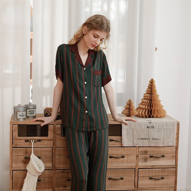New Satin Pajamas Men And Women Dark Green Stripe Fashion Lapel