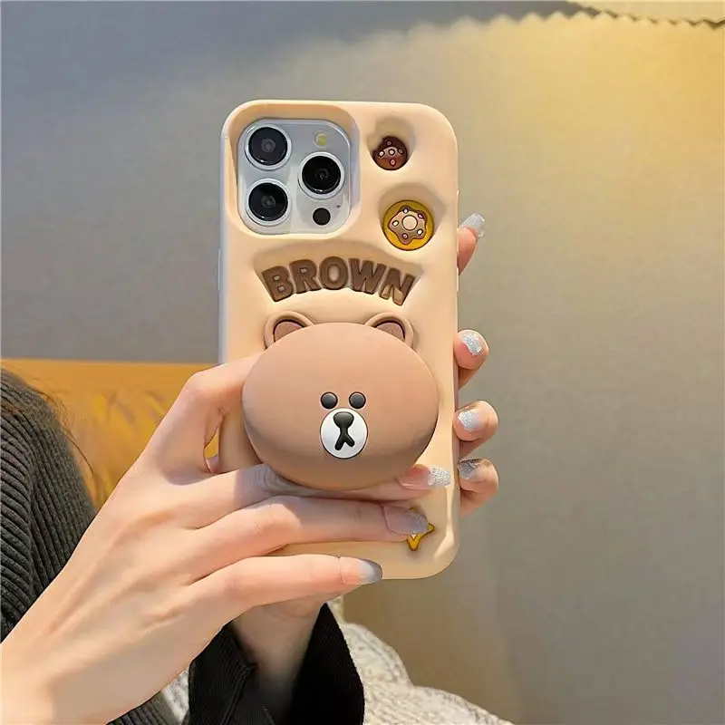 Adorable 3D Brown Bear Silicone Phone Case with Stand Holder