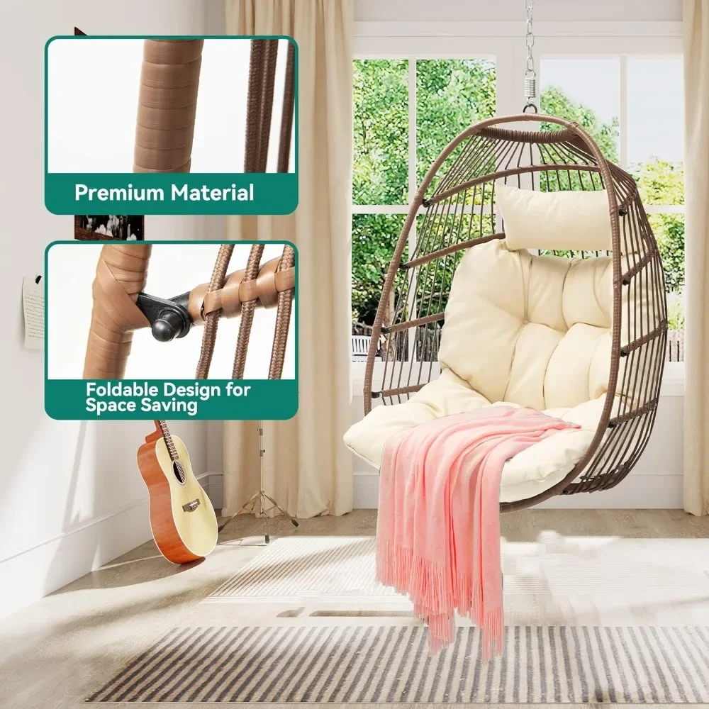 Hanging Egg Swing Chair, Outdoor Wicker Hammock Chairs Without Stand UV Resistant Cushion 350lbs for Patio, Patio Swing 2