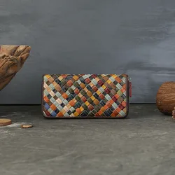 Elegant Woven Leather Women's Clutch with Ample Card Slots and Phone Compartment (Colorful)