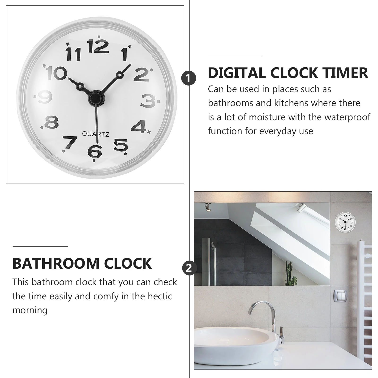 Sucker Clock Wall Hanging Anti-fog Waterproof Suction Cup Bathroom Alarm Digital Timer for