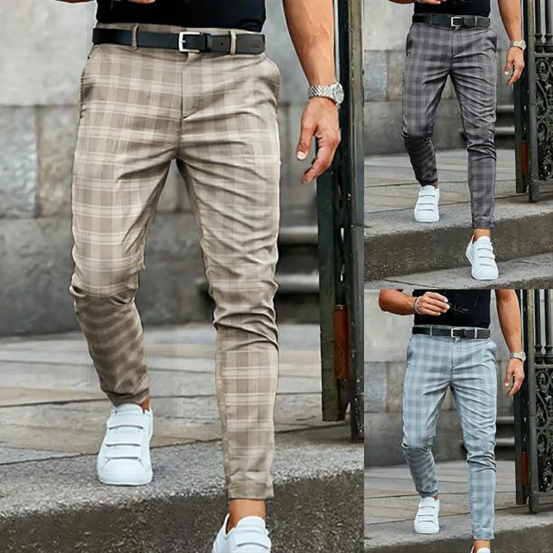 

Мужские новые винтажные тонкие прямые длинные брюки, уличная одежда для бега, брюки-карандаш в клетку, мужские деловые повседневные брюки, мужские брюки