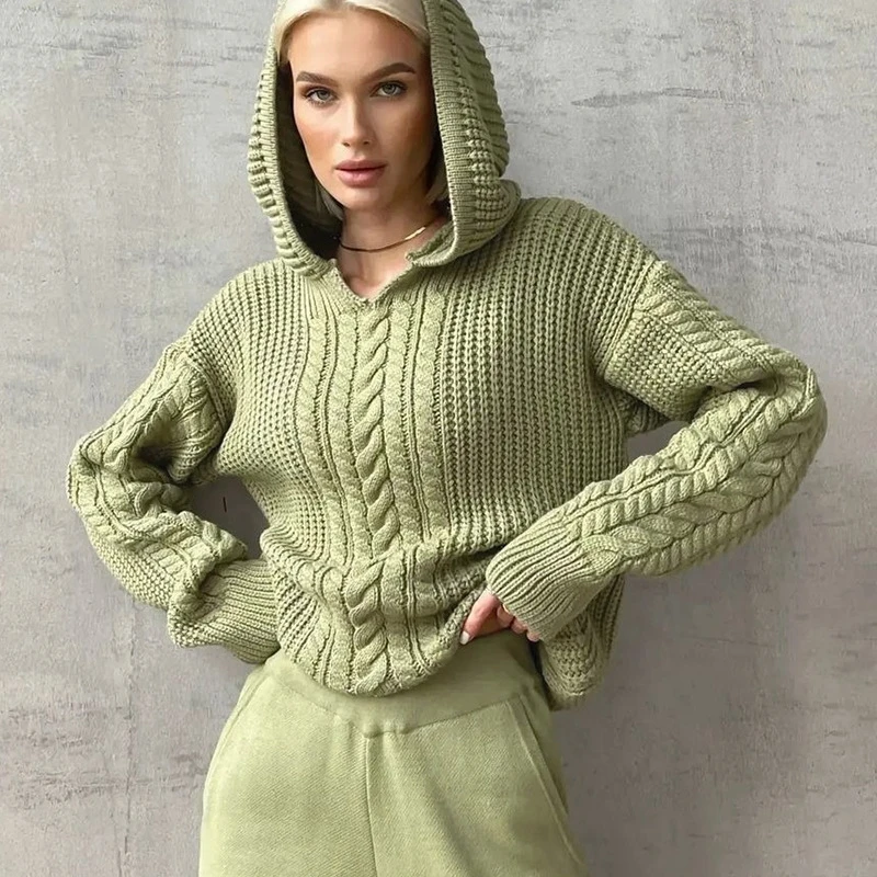 

QXKJ Wholesale Womens Hooded Pullovers Sweater Fashion Long Tops Female Crochet Loose Jumpers Casual Autumn&Winter Clothing Y2K