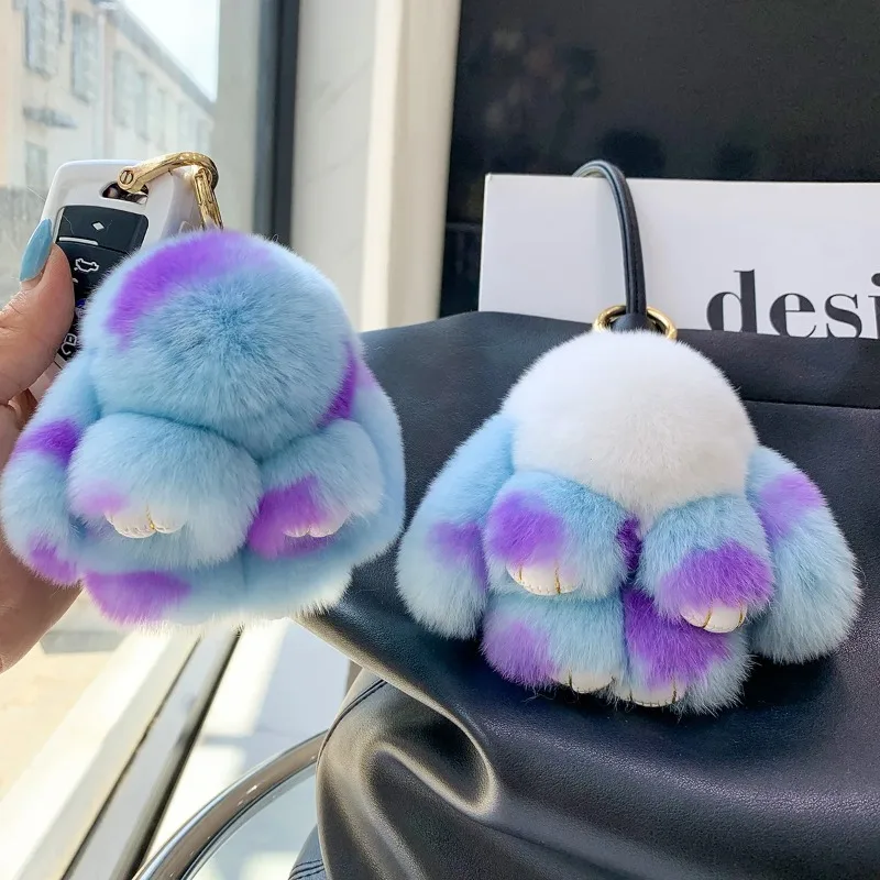 

Plush Toy Bunny Real Natural Rex Rabbit Fur Keychain Women Bag Charm Ornaments Schoolbag Pendant Car Keyring Trinkets Kids Gift