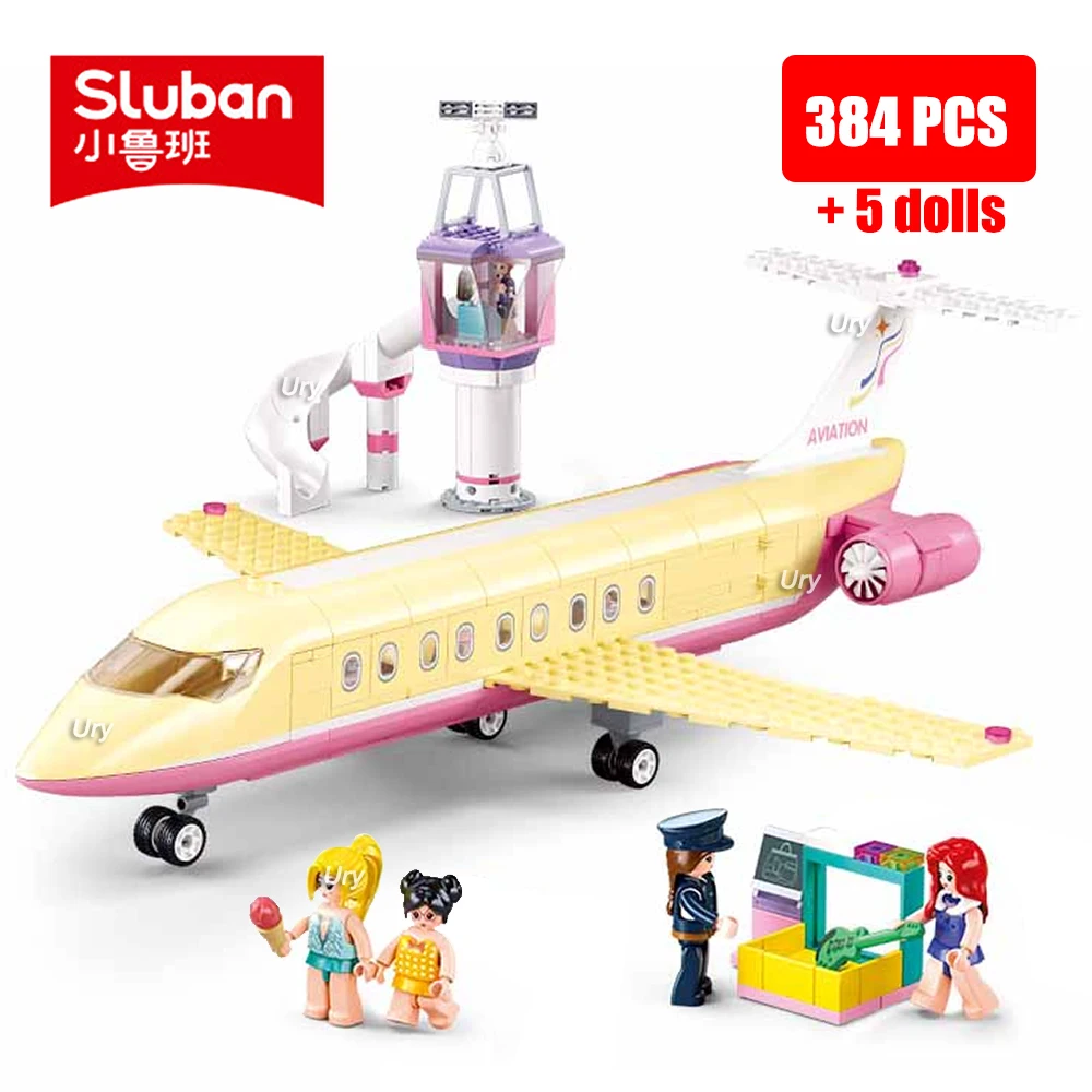 Sluban Friends City Plane Passengers Airplane Bus Sets Airport Airliner Figures Control Tower Building Blocks Toys for Girl Gift