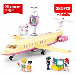 Sluban Friends City Plane Passengers Airplane Bus Sets Airport Airliner Figures Control Tower Building Blocks Toys for Girl Gift
