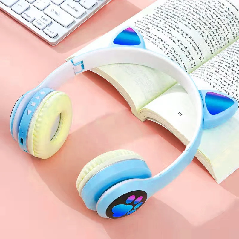 Adorable LED Light-Up Wireless Cat Ear Headphones - Pink Stereo Bluetooth Headset