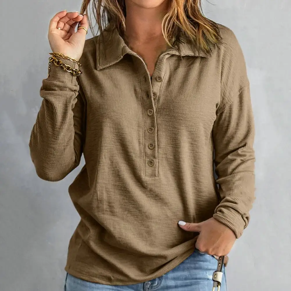 

Женская блузка с лацканами, Свободная трикотажная эластичная рубашка с лацканами, однобортная, однотонная, на пуговицах, с длинным рукавом