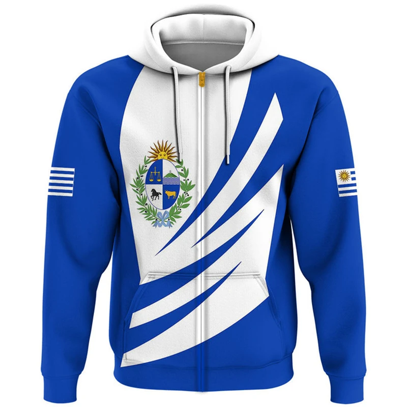 thumbnail image 1 of Sudadera con capucha de gran tamaño con estampado 3D de la bandera del emblema de Uruguay de la calle con cremallera y ropa deportiva diaria de primavera y otoño de 2024, 1 of 5