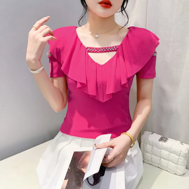 

Women Mesh Off Shoulder Short Sleeved Summer New Sexy Hollow Out Diamond Tees Blusas Ladies Fashion V-Neck Ruffle Top