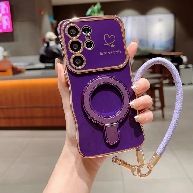 Love Heart Wave Kickstand Wrist Strap Phone Case - Shockproof Protective Cover