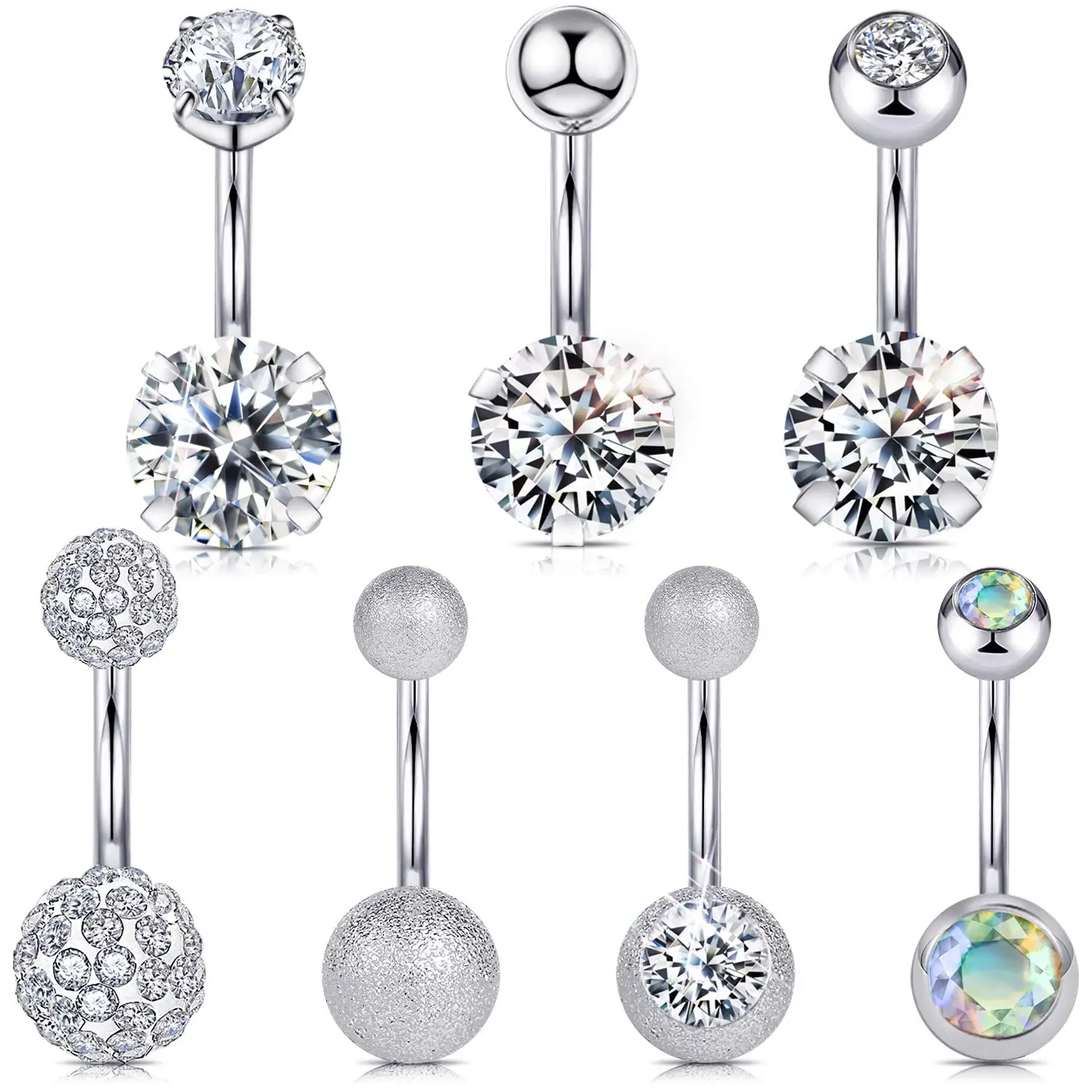 

Different Styles 14G Belly Button Rings Surgical Stainless Steel Round Cubic Zirconia Navel Barbell Stud Body Piercing 7Pcs