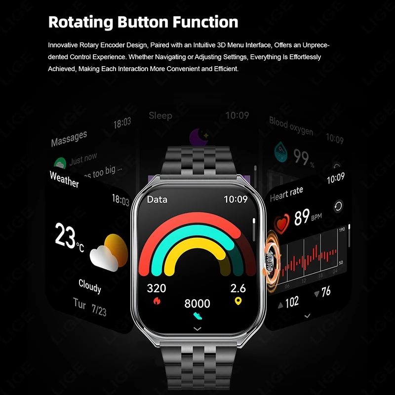 LIGE Ultra-thin Amoled Smartwatch 1.96inch Curved BT Call Long Battery Life Fitness Watches Men AMOLED Sports Health Smart Watch