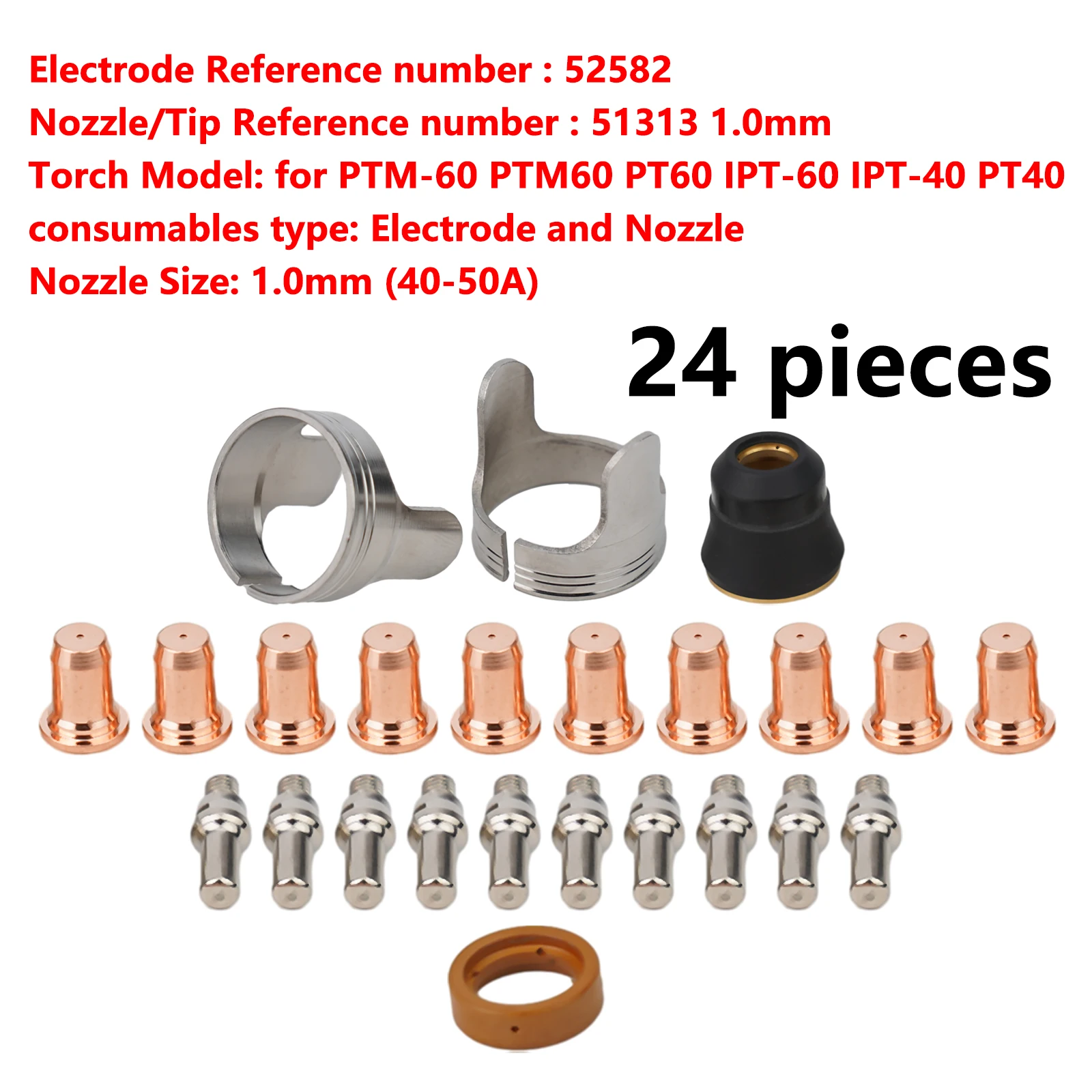 

Welding Torch Plasma Electrodes Cutting Nozzles 1.0mm 40-50A 51313 Nozzle 52582 Electrode For IPT-60 IPT-40 PT40