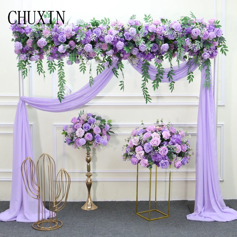 Purple Wedding Flowers Rose Gypsophila Greenery Artificial Flower Row Table Centerpieces Arch