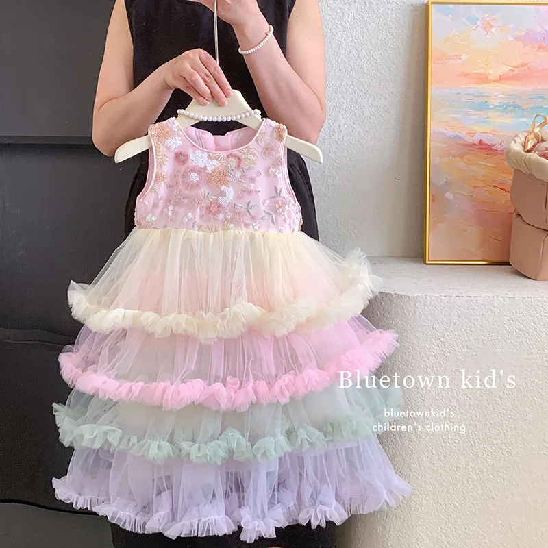 Girls Tank Top Dress 2025 Summer New Girls Elegant Mesh Puff Dress Children Princess Dress Fairy Children Clothing - 2