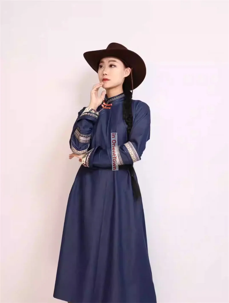 Ulan Bator Trend Denim Mongolia Popular Diagonal Collar Robe Dress Long Sleeves Traditional Women's Mongolian Blue Gown TP013