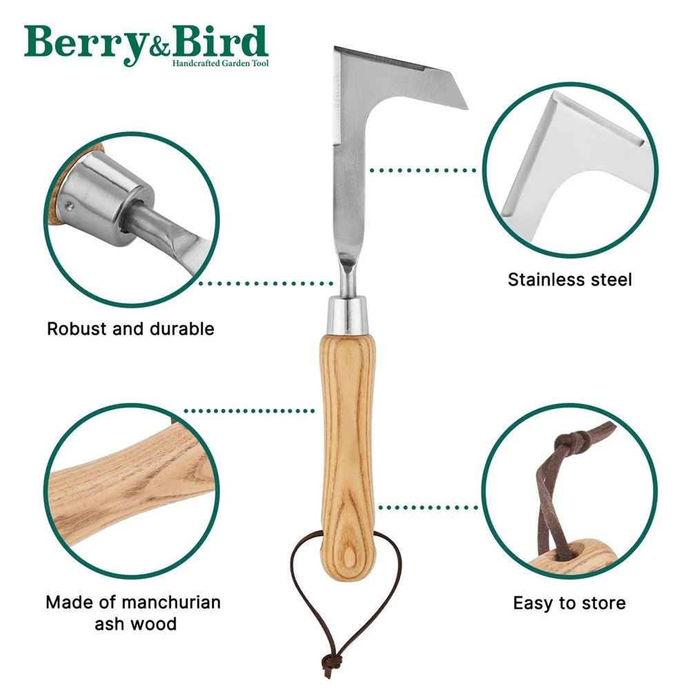 Lawn Weeding Sickle 9 Inch Wooden Handle Stainless Steel Manual Lawn Mower L-shaped Weeding Sickle for Garden Tool Lawn Patio Crevice