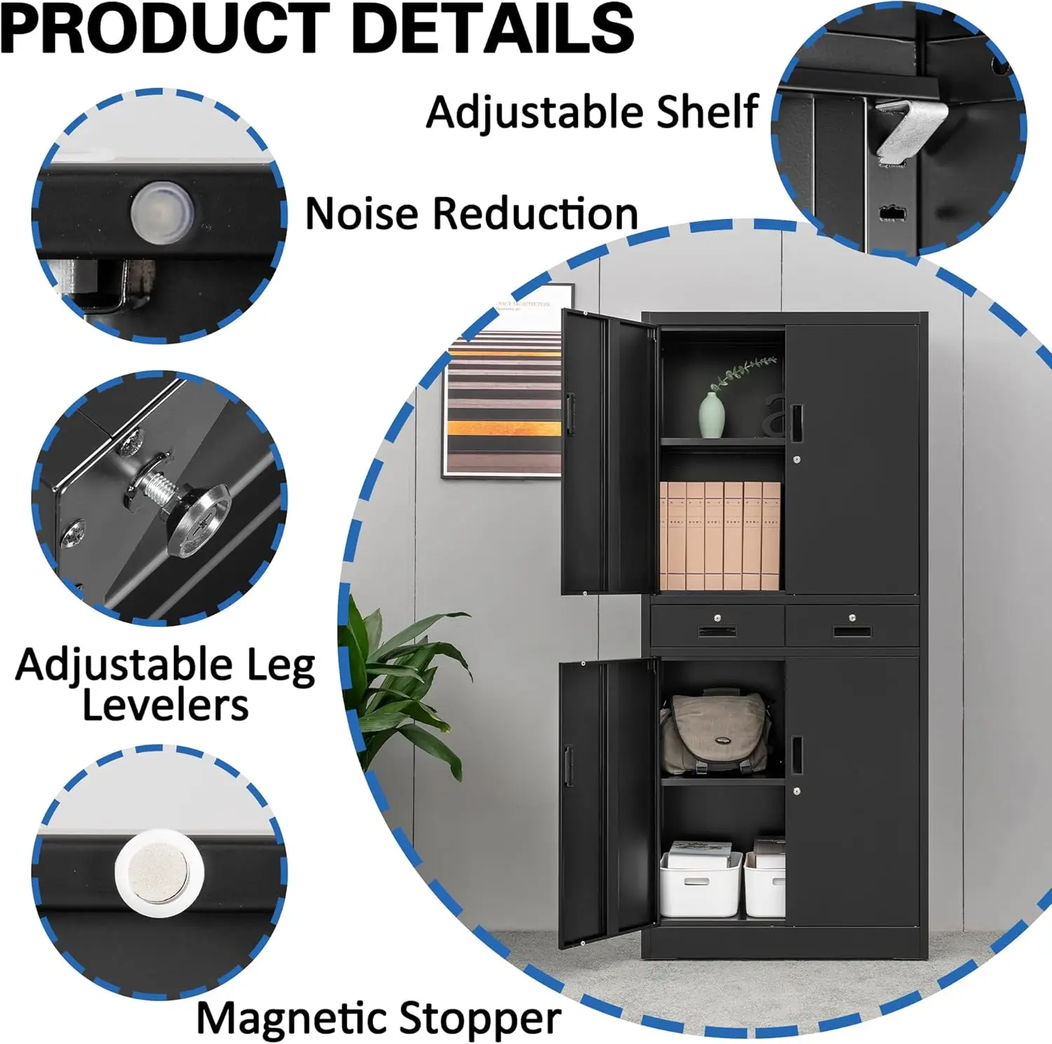 Storage Cabinet，71" Garage Storage Cabinet with 2 Locking Drawer and 4 Adjustable Shelves ，Black Tool Cabinet，Lockable Fil 5