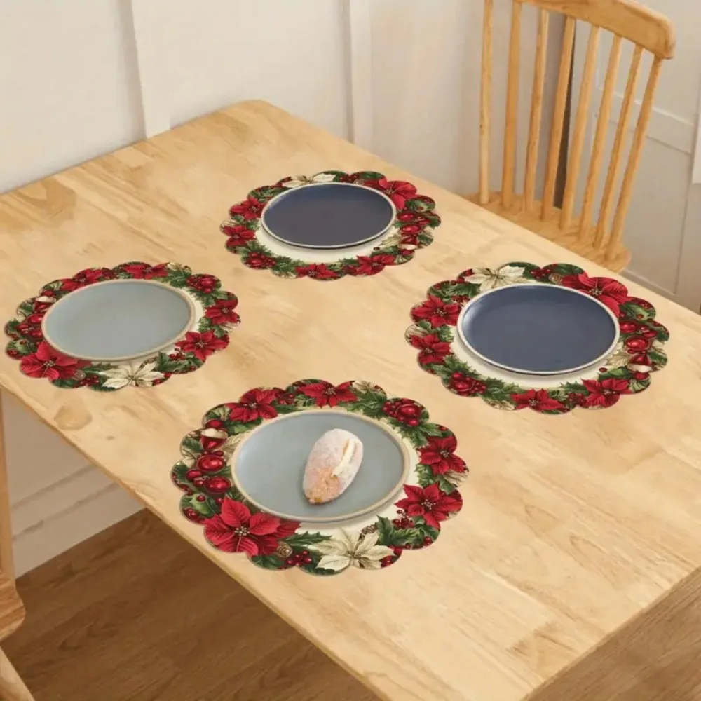 4PCS Christmas Circular Waves Placemats Non Slip Heat Resistant Table Mats Winter Dining Party Christmas Decor Round Tablecloth_voghion.com