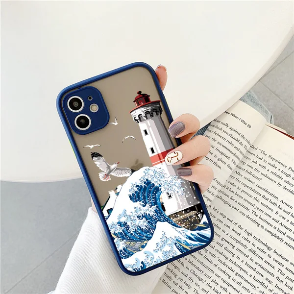 Blaue Wellen-Handyhülle für iPhone 17 16 15 14 12 11 13 Pro Max Leuchtturm-Illustration Cover für iPhone X XR XS 16 14 Plus Schutzhüllen – Detail 5
