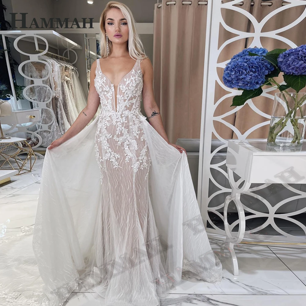 

HAMMAH Lace Appliques Wedding Dresses For Women Mermaid Detachable Train Deep V Neck Tank Sleeveless Vestidos De Novia Brautmode