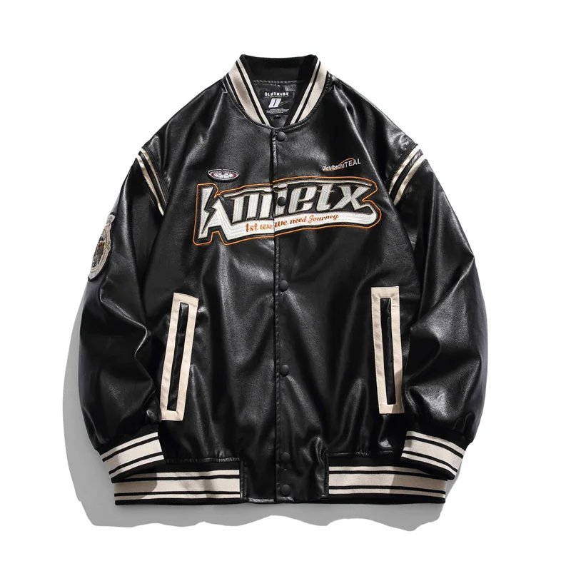 

American PU Leather Motorcycle Jacket Men's Letter Printing Embroidery Baseball Uniform Couples Street Hip-hop Fashion Coats