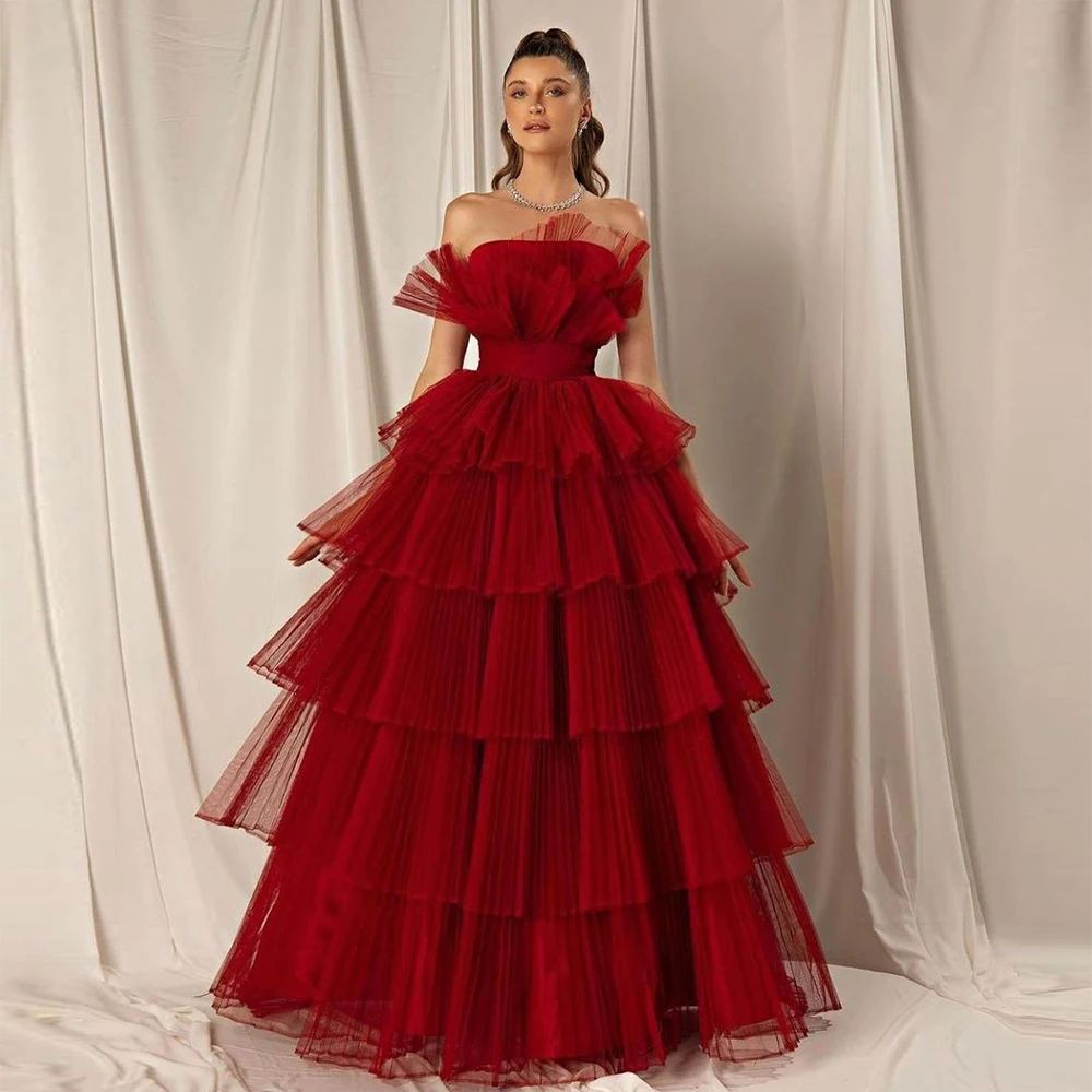 

Xijun Burgundy Saudi Arabic Tiered Ruffles Tulle Evening Dresses Strapless Pleat Ruched A-Line Prom Dress Wedding Party Gown