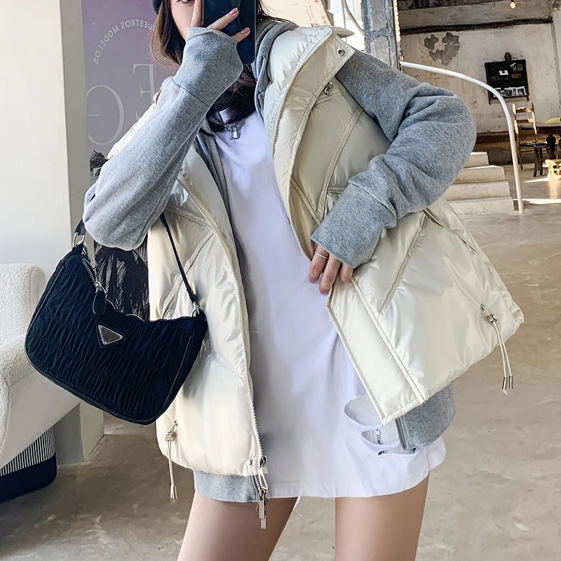 Women Solid Turn Down Collar Zipper Quilted Coats Shiny Winter Puffer Vest Ladies Sleeveless Jacket Loose Korean Style Waistcoat