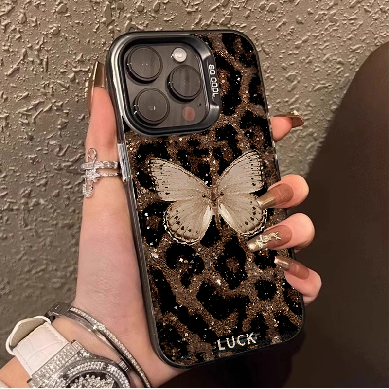 Chic Butterfly Leopard Print Shockproof Phone Case with Plating Finish