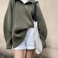 Miyake Pleated Long Sleeved Plus Size Women's Casual Style Polo Collar Loose Top