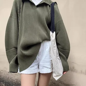 Top ampio con colletto polo stile casual da donna a maniche lunghe plissettato Miyake