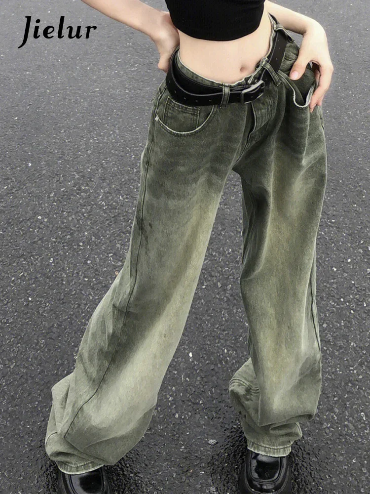 

Jielur Vintage Wide Leg Pant Women Korean Fashion High Waist Jeans Baggy Casual Pure Color Denim Trousers Slim Design Autumn Y2k