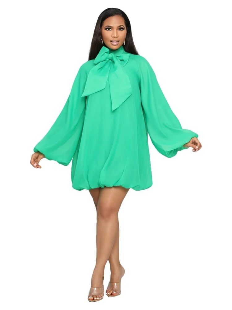 Wmstar Dress Women Wholesale European American Woman Dresses with Bow Decoration Puffed Sleeves Loose Chiffon Lining 2025