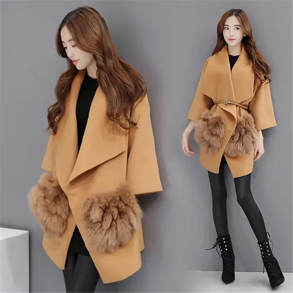 The new spring and autumn fashion explosion casual slim-fit imitation fox hair splicing wool coat coat for women