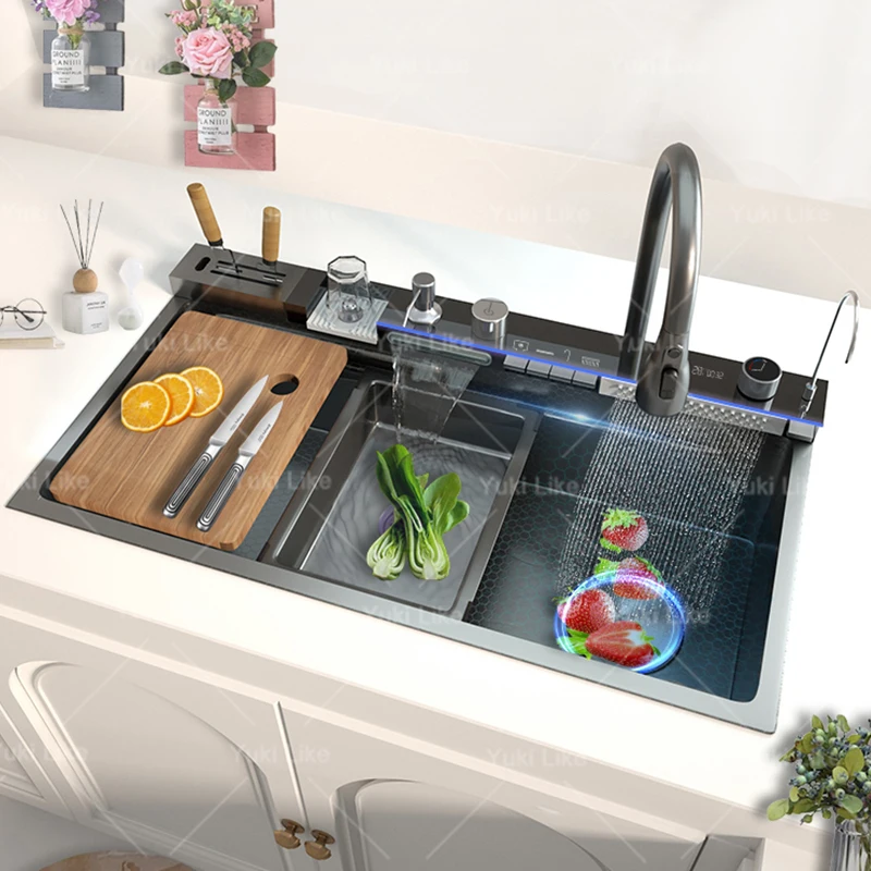 100x50cm Stainless Steel Waterfall Kitchen Sink Golden Extra Large Single Slot Modern Digital Display Dishwashing Sinks