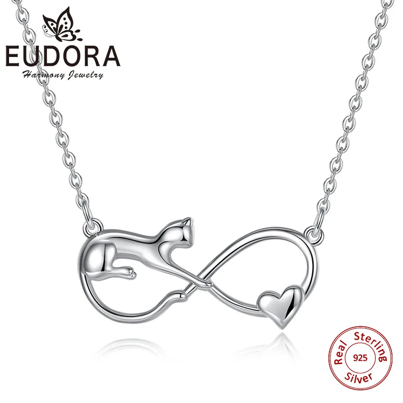 

EUDORA 925 Sterling Silver Cat Simple Personality Necklaces Cute Animal Heart Cat Clavicle Chain Necklaces Fashion Femmes Bijoux