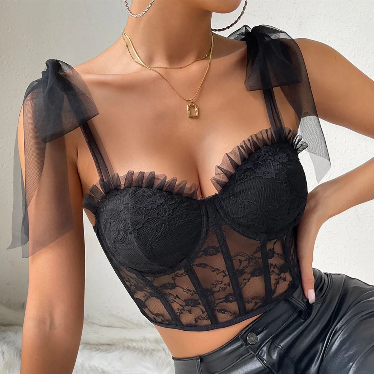 

Lace-up Bowknot Corset Crop Tops Summer Streetwear Fashion See-through Camisole Woman Clothes Sexy Black Tank Top Halter Bustier