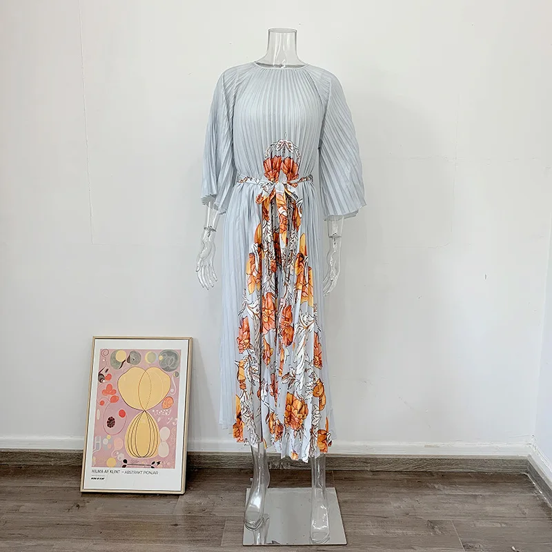

Pleated chiffon dress 2023 autumn loose lace-up dress