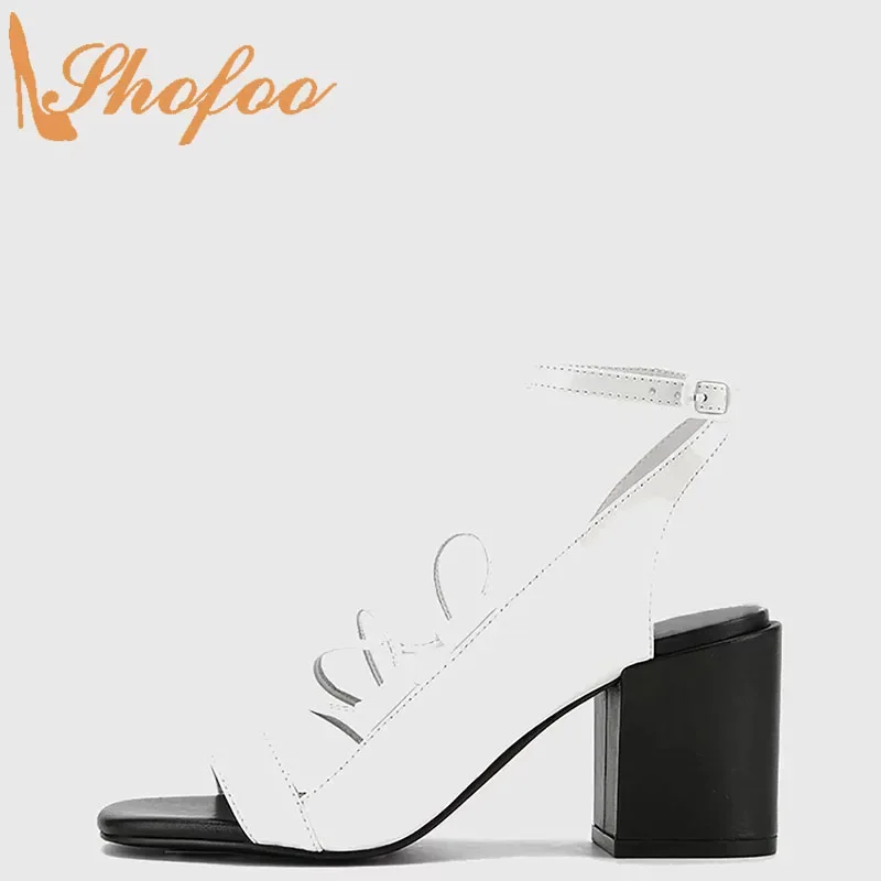 

White Black High Chunky Heels Women Sandals Open Toe Ankle Strap Large Size 14 16 Ladies Summer New Fashion Casual Shoes Shofoo