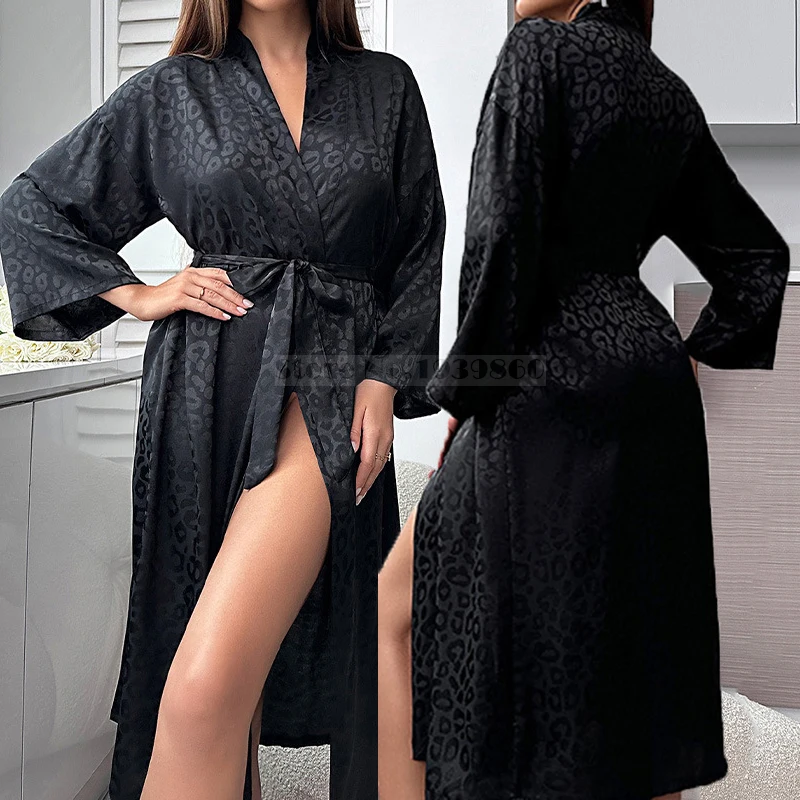 

Sexy Black Leopard Kimono Bathrobe Gown Long Nightgown Spring Summer Female Sleepwear Home Dressing Gown Loose Satin Lounge Wear