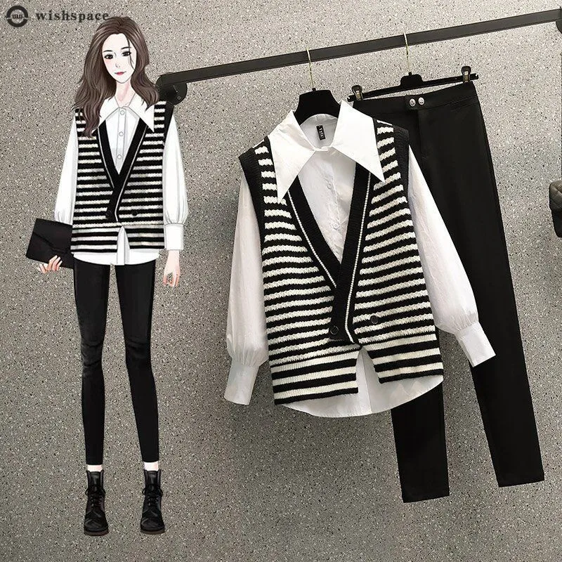 

2022 Black White Striped Pants Set Casual Vest Shirt Teousers Three Piece Set Elegant Women's Tracksuit Female Clothing