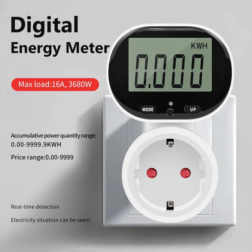 EU Plug Digital Power Meter 45° Rotating Display