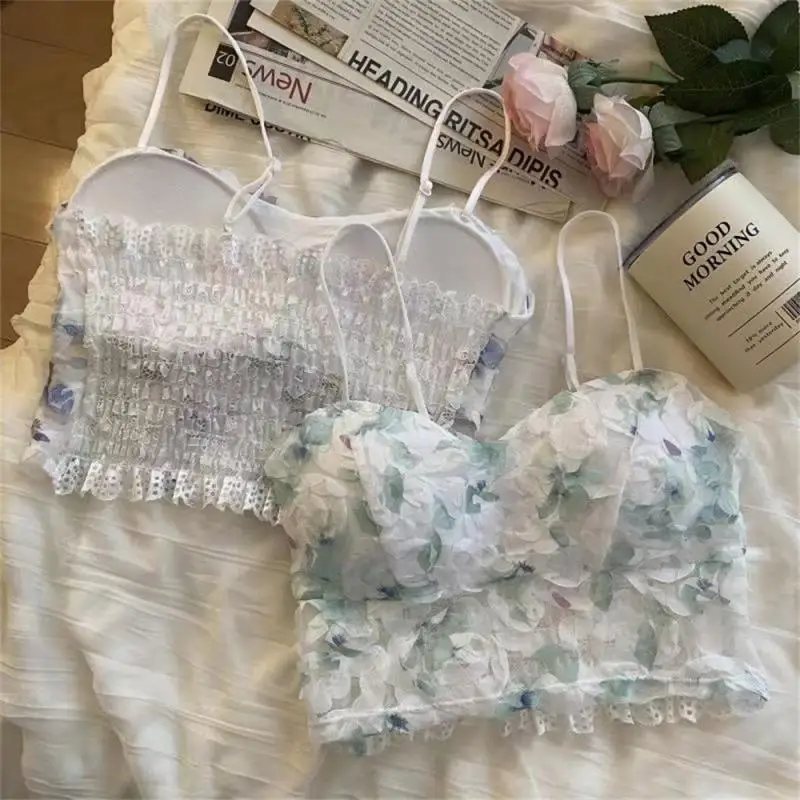Summer Sweet Floral Corset Vest Office Lady Beach Style Sleeveless Delicate Floral Halter Top With Open Back And Midriff-Short