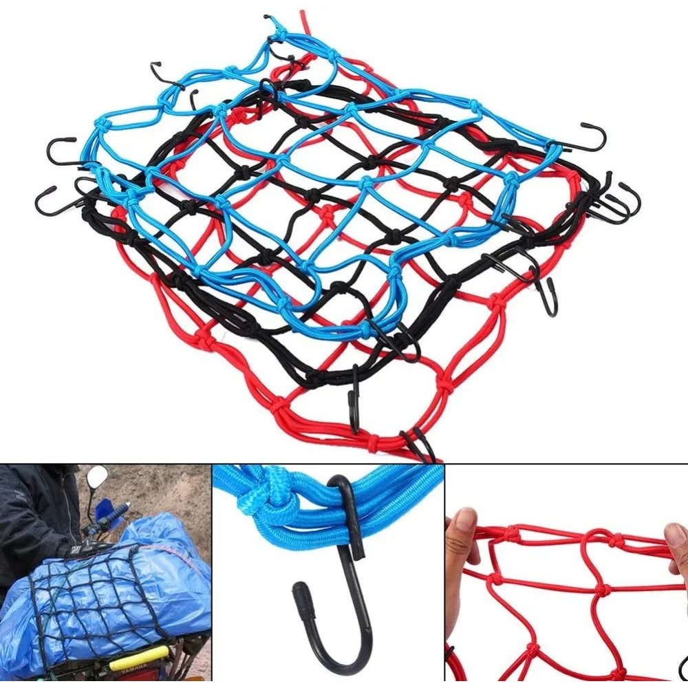 1pcs 30*30cm Otorcycle Luggage Net Bike 6 Hooks Hold Down Fuel Tank Luggage Mesh Web Bungee Black Motorcycle Bike Car Styling
