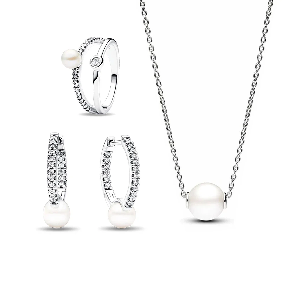 Pearl Jewelry Set Sterling Silver 925 Freshwater Cultured Pearls Collier Pearl Ring Necklace Earrings for Women Fine Jewelry Gift