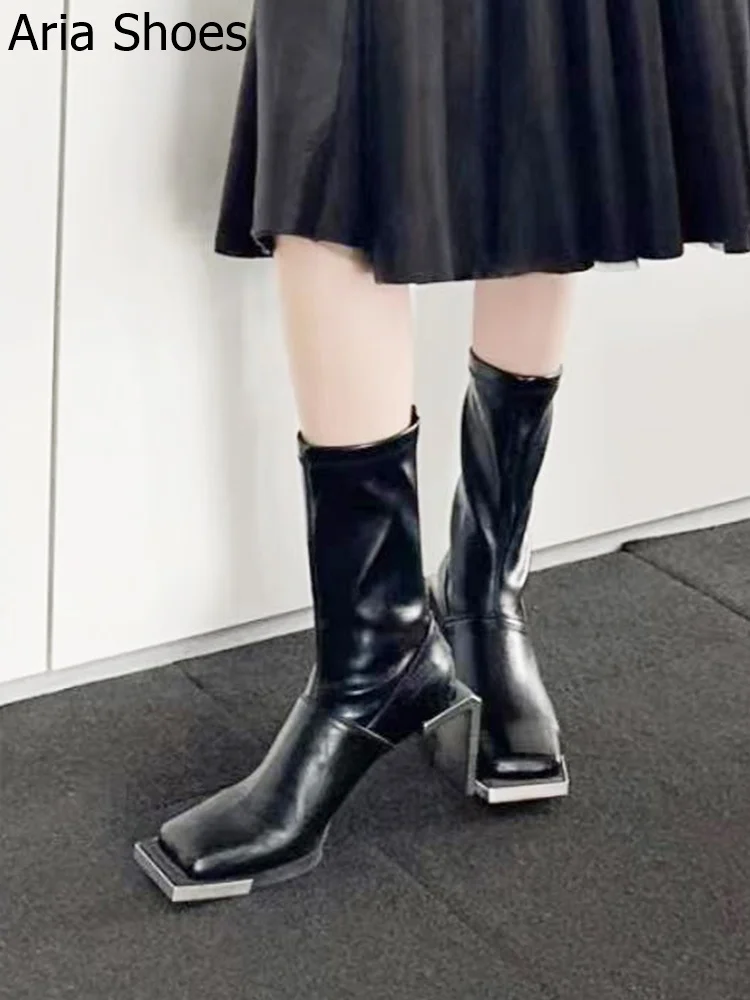 

Женские ботинки до середины икры, Черные ботильоны из натуральной кожи на квадратном каблуке, с металлическим носком, зимняя обувь, 2024
