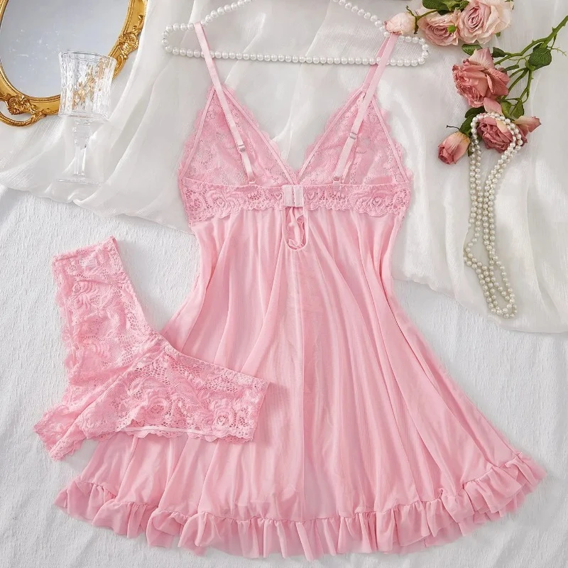 Ensemble de lingerie sexy pour femme, comprenant un soutien-gorge érotique, une chemise de nuit en dentelle sexy, des robes de nuit et des robes douces et ajustées de couleur unie à col en V, style nuisette complète
