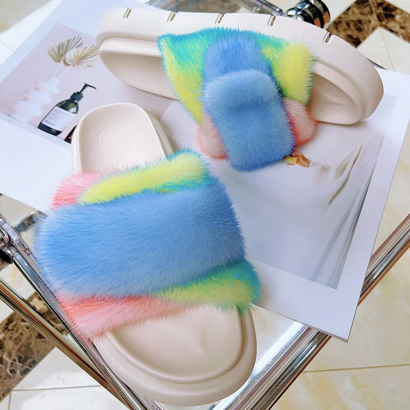 

European Station Women's New Summer Sandals Fashion Design Sense Of Color Contrast Luxury Mink Hair Out Casual Flat Fur Slippers